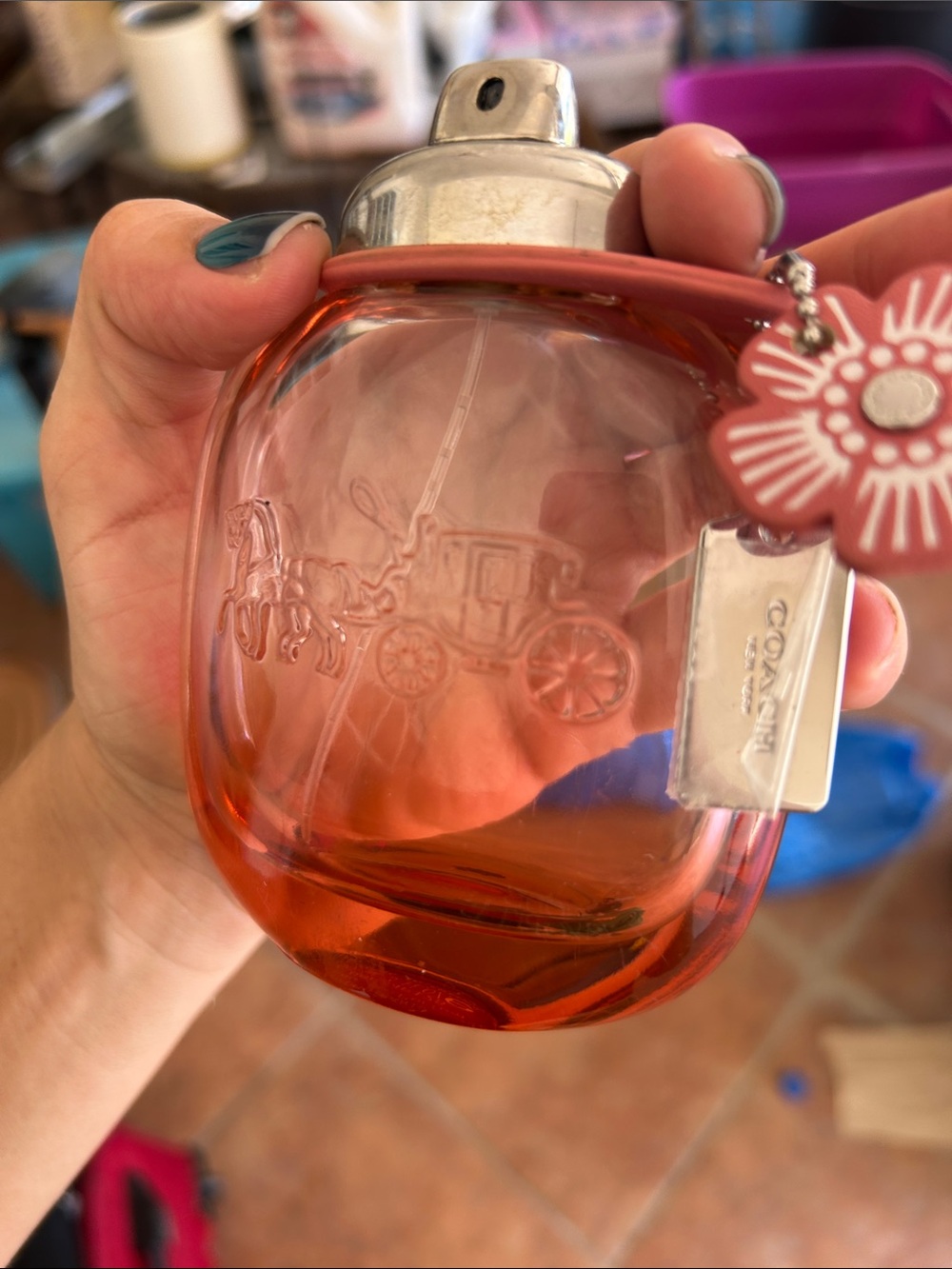 Coach Women's Body Fragrance Bottle in Pink-Coral Glass with Floral Tag